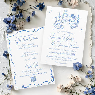 Retro Hand plockade Scribble Blue & White Bröllop Inbjudningar