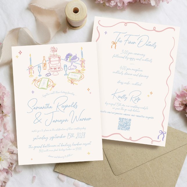 Retro Hand plockade Scribble Pastel & Blue Bröllop Inbjudningar (Retro hand drawn pastel scribble doodle whimsical wedding table bows handwritten qr code invitation)