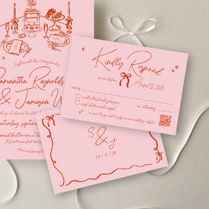 Retro Hand plockade Scribble Rosa & Red Bröllop OSA Kort