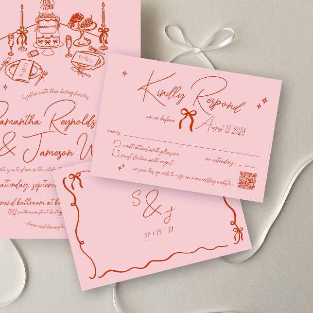 Retro Hand plockade Scribble Rosa & Red Bröllop OSA Kort (Minimalist retro pink and red hand drawn bow scribble doodle qr code wedding invitation rsvp card)