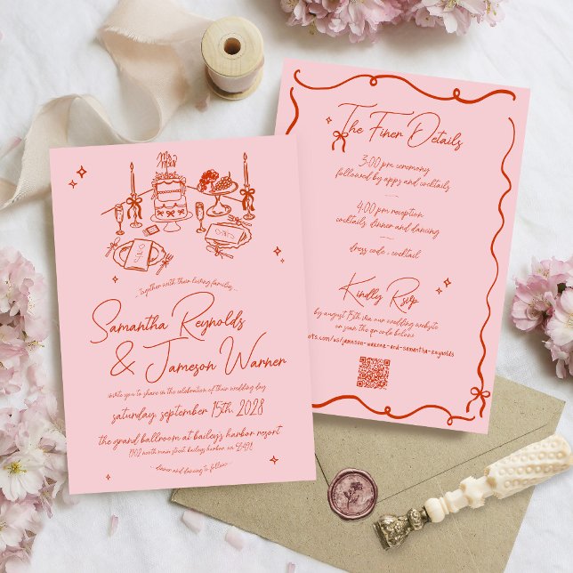 Retro Hand plockade Scribble Rosa & Red Funky Bröl Inbjudningar (Unique pink and red retro modern funky whimsical modern elegant hand drawn qr code wedding invite)