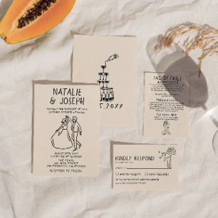 Retro Hand plockade Sketchy Quirky Unik Bröllop Inbjudningar