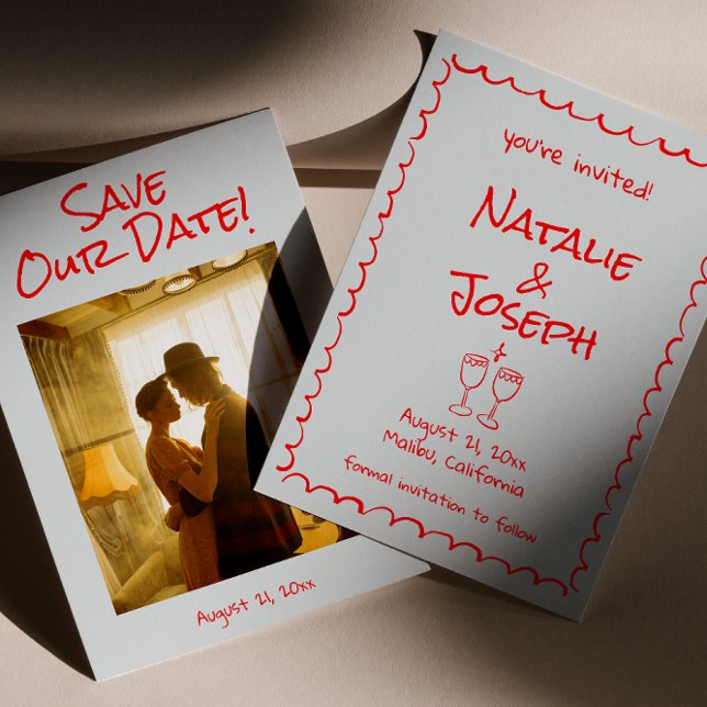 Retro Hand plockade skriven Red Quirky Photo Bröll Spara Datumet (Skapare uppladdad)