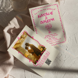 Retro Hand plockade Vivid Rosa Photo QR-kod Bröllo Inbjudningar