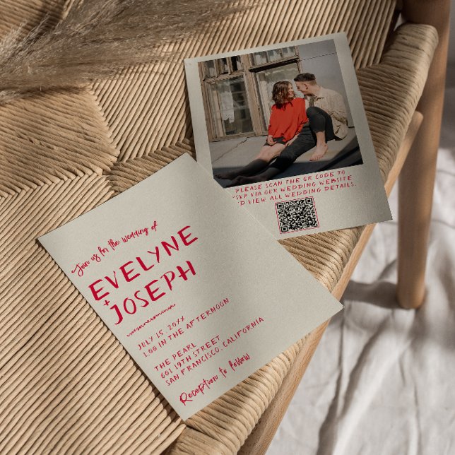 Retro Hand-skriftlig färgmodern QR-kod Bröllop Inbjudningar (Skapare uppladdad)