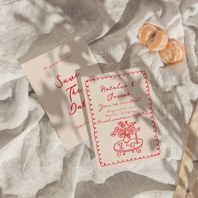 Retro Hand skriftlig ritad Quirky Fold Cute Bröllo Spara Datumet (Skapare uppladdad)