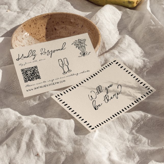 Retro Hand skriftlig ritad Quirky QR-kod Bröllop OSA Kort (Skapare uppladdad)
