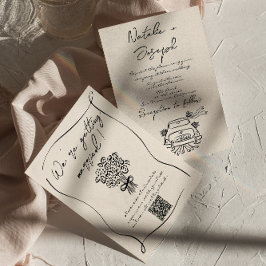 Retro Hand skriftlig ritad romantisk QR-kod Bröllo Inbjudningar