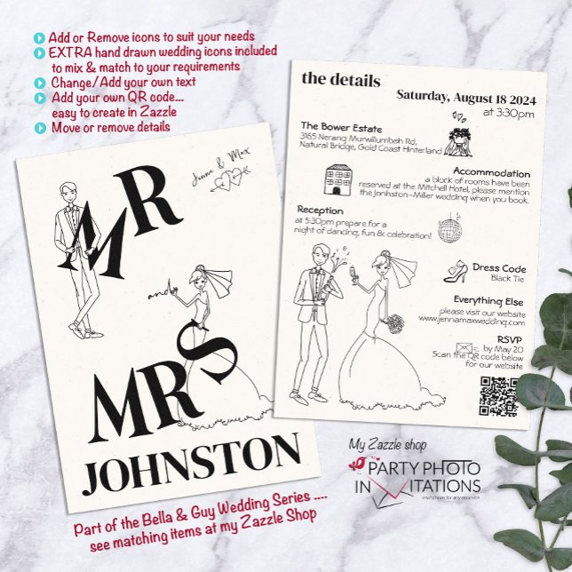 Retro Hand, skriven, Quirky Wedding-inbjudan Inbjudningar (Bella and Guy Invitation Suite.)