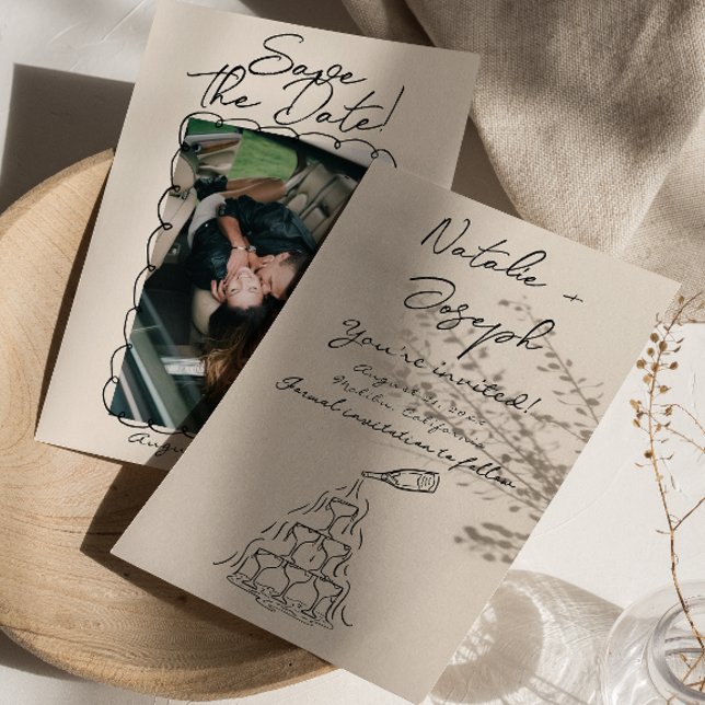 Retro Hand-skriven ritning av champagne Photo Bröl Spara Datumet (Skapare uppladdad)