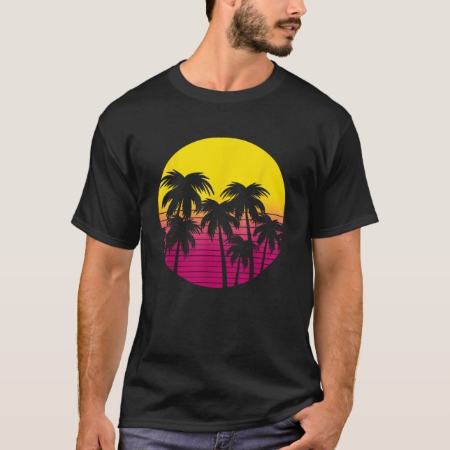 Retro Handflatan Träd Beach Sunset 80 s sommaruppe T Shirt (Framsida)