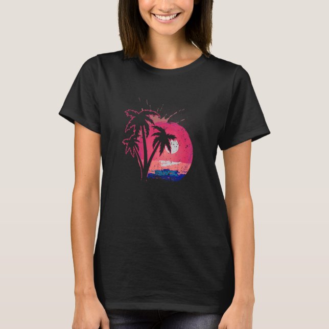 Retro Handflatan Träd Beach Sunset Tropical Summer T Shirt (Framsida)