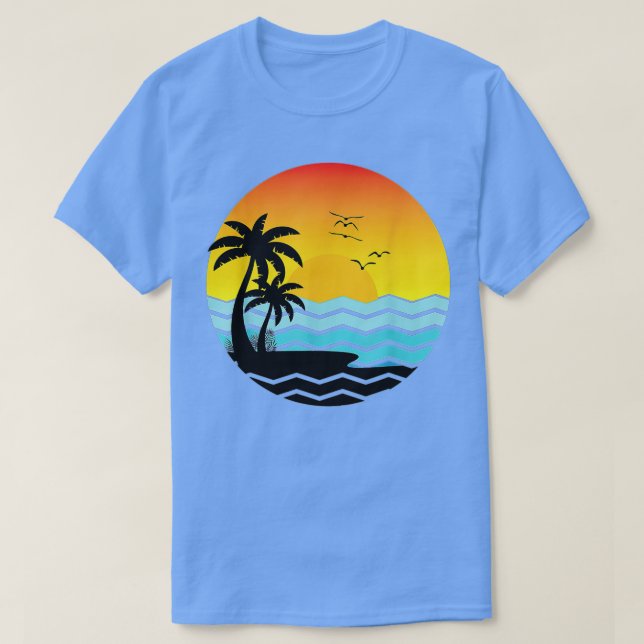 Retro Handflatan Träd Beach Vacation Sunset Ocean  T Shirt (Design framsida)