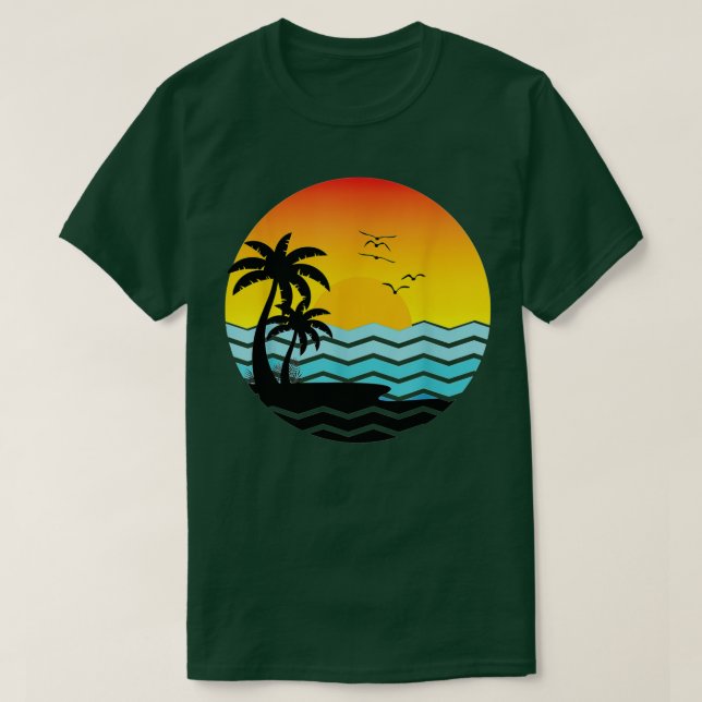 Retro Handflatan Träd Beach Vacation Sunset Ocean  T Shirt (Design framsida)