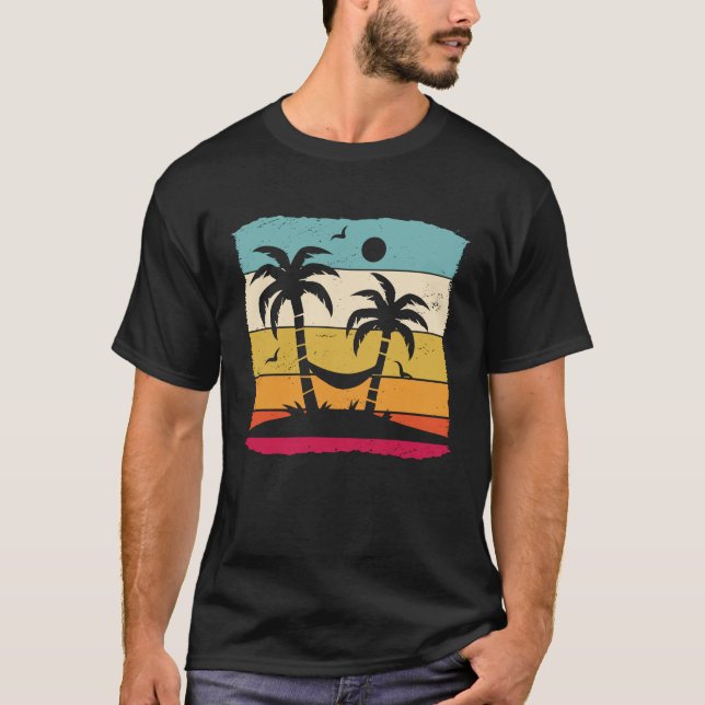 Retro handflatan träd med hammock tropiska strandr t shirt (Framsida)