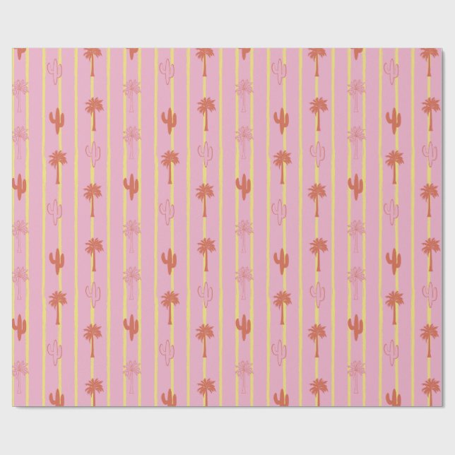Retro Handflatan Träd och Cactus i Gult Rand Presentpapper (Platt)