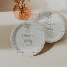 Retro Handritad Grön Band Gingham Bebis Shower