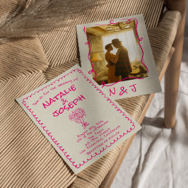 Retro Handritad Livlig Rosa Modern Fotobryllop Inbjudningar