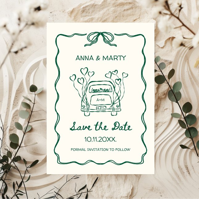 Retro Handritad Ljust Grönblå Unik Båge Bröllopsbi Spara Datumet (Unique Funky Quirky Hand-drawn Green Save the Date with Hand-illustrated Wedding Car and handwriting)