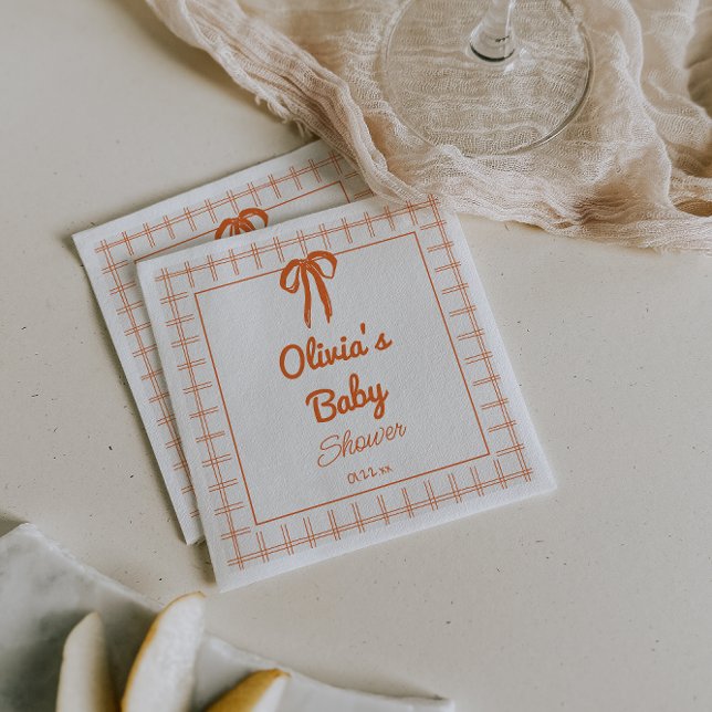 Retro Handritad Orange Band Gingham Bebis Shower Pappersservett (Skapare uppladdad)