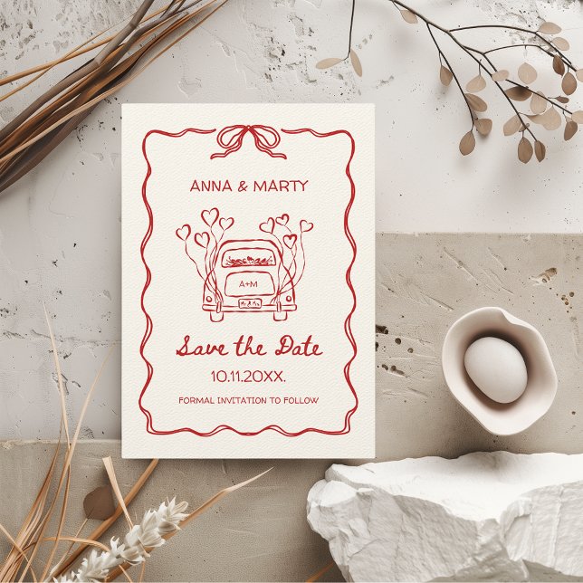 Retro Handritad Röd Unik Båge Bröllopsbil Spara Datumet (Hand-drawn Quirky Funky Vintage Retro Whimsical Red Scribble Doodle Wedding Save the Date)