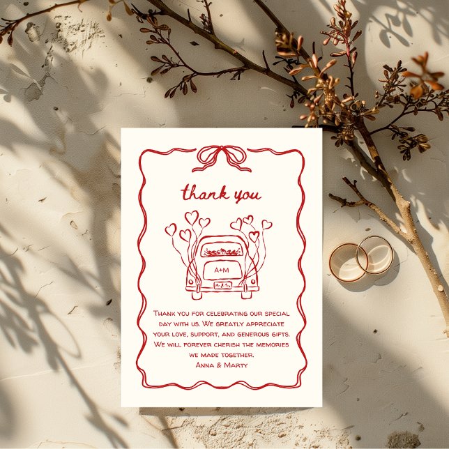 Retro Handritad, röd, unik Bow Bröllop-bil Tack Kort (hand illustrated hand drawn wedding thank you card in red, funky retro vintage quirky whimsical)