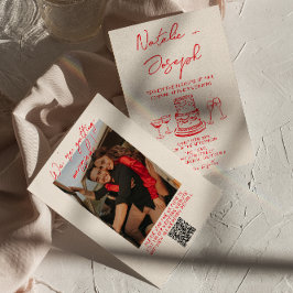 Retro Handritad Röd Unik QR-kod Foto Bröllop Inbjudningar