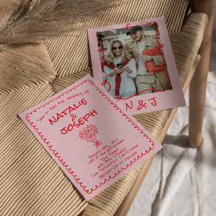 Retro Handritad Rosa Röd Funky Bröllop Inbjudningar