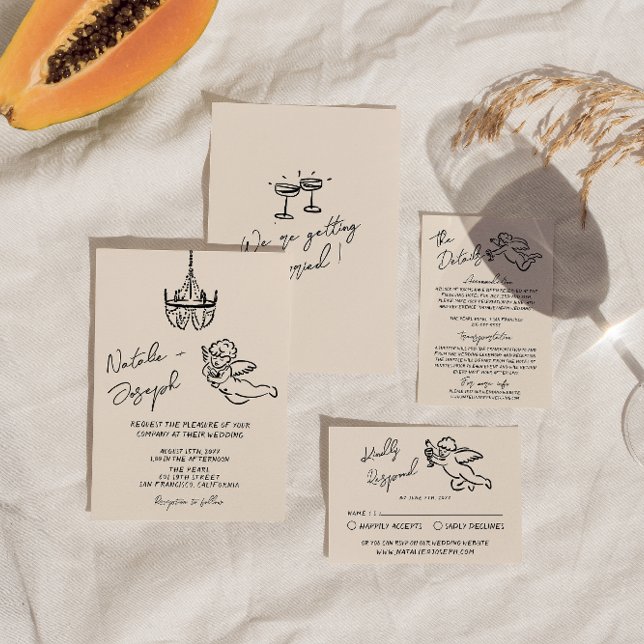 Retro Handritad Skriven Cupid Sällsam Bröllop Inbjudningar (Skapare uppladdad)