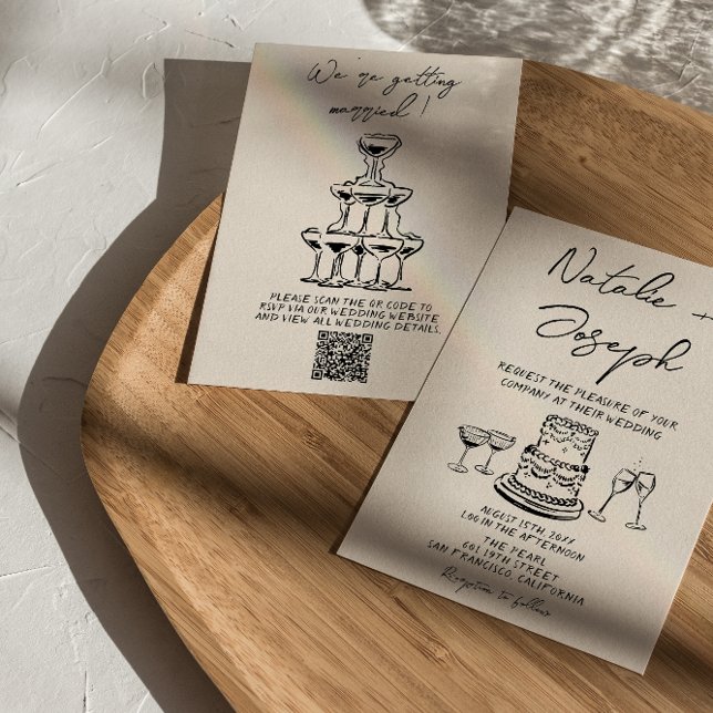 Retro Handritad Tårtdesign QR-kod Bröllop Inbjudningar (Skapare uppladdad)