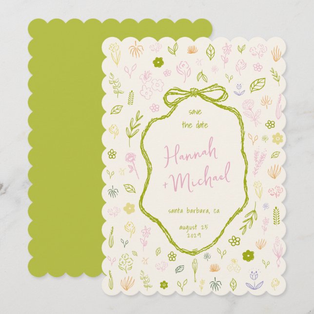 Retro Handritade Blommor Vårbröllop Spara Datumet (Fram/baksida)