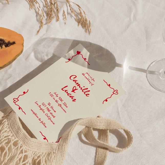 Retro Handskriftlig Whimsical Red Bröllop Inbjudningar (Skapare uppladdad)