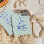 Retro Handskriven ritad, färgstark Bröllop Meny<br><div class="desc">En färglös funky,  modern,  smart bröllop-middagsmeny. Med chic av boho vintage himlar blå bakgrund och blå typografi och handskriven meny i blått och hand plockade biet av kaka,  glas,  blomma och ljus. Och gröntens ljusa bakgrund. Perfekt och matchning med hela sviten.</div>