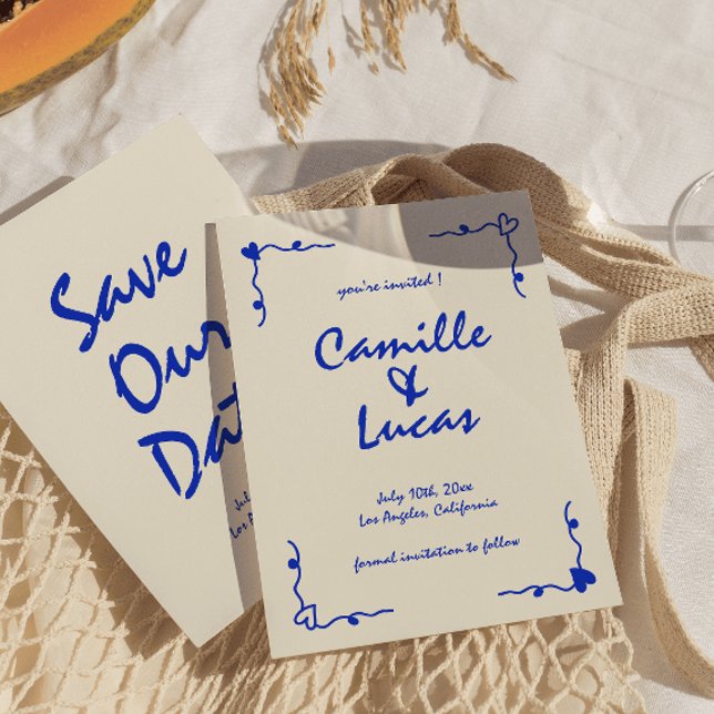 Retro Handskriven Whimsical Blue-Spara datumen Inbjudningar (Skapare uppladdad)