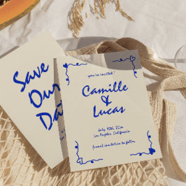 Retro Handskriven Whimsical Blue-Spara datumen Inbjudningar