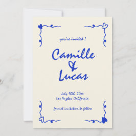 Retro Handskriven Whimsical Blue-Spara datumen Inbjudningar