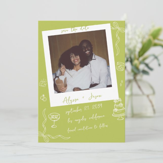 Retro Handwritten Hand Drawn Chartreuse Wedding Spara Datumet (Stående Fram)