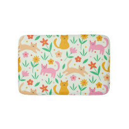 Retro Happy Cats with Orange Red and peach flowers Badrumsmatta