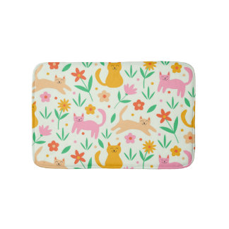 Retro Happy Cats with Orange Red and peach flowers Badrumsmatta