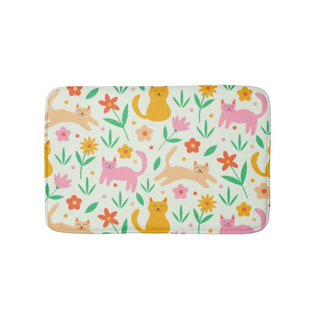 Retro Happy Cats with Orange Red and peach flowers Badrumsmatta (Framsidan)