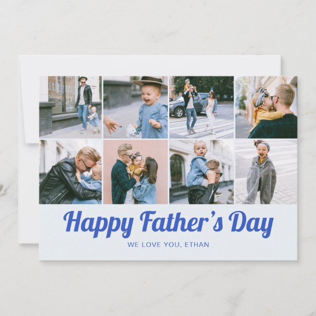 Retro Happy Father's Day 12 Photo Collage Blue Julkort (Framsida)