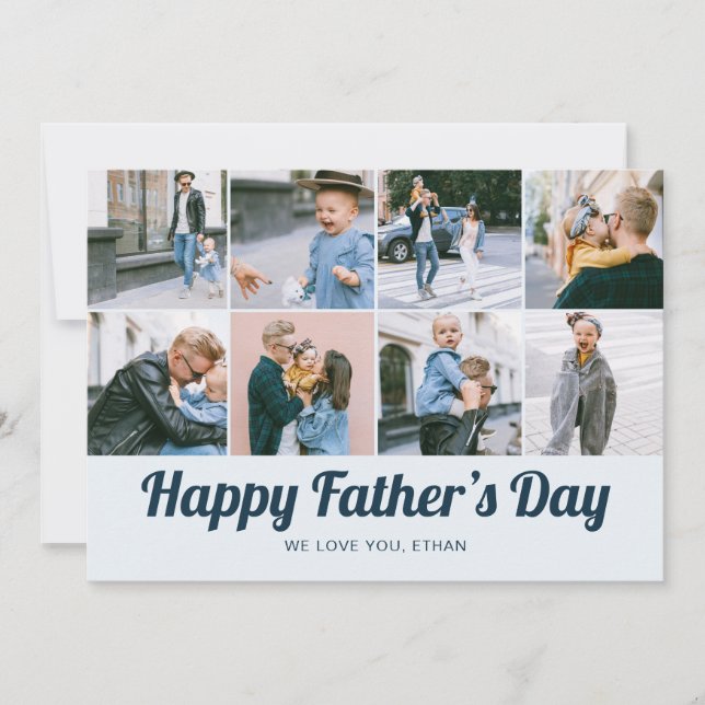 Retro Happy Father's Day 12 Photo Collage Blue Julkort (Framsida)