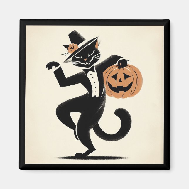 Retro Happy halloween Dancing Black Cat Magnet (Framsidan)