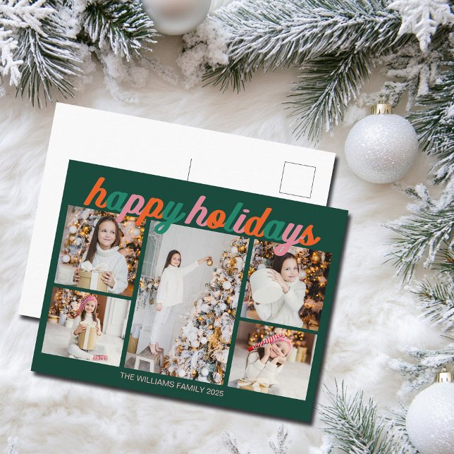 Retro Happy Holidays Cute Green Photo Collage Helg Vykort (Skapare uppladdad)