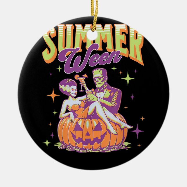 Retro Happy Summerween Funny Frankenstein Monster  Julgransprydnad Keramik (Framsidan)