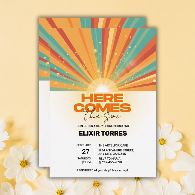 Retro här kommer med inbjudan till barnbildscheman (Skapare uppladdad)