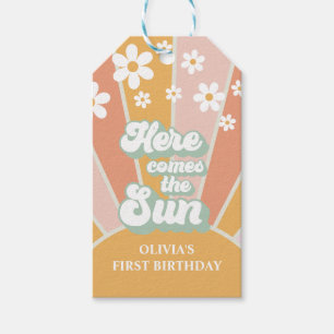Retro Här kommer Sol Daisy boho-födelsedag Presentetikett