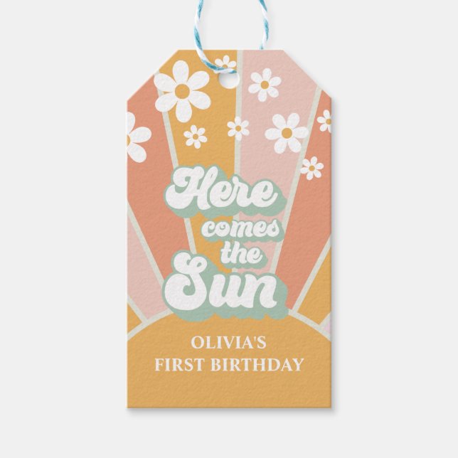 Retro Här kommer solen Daisy boho födelsedag Presentetikett (Framsidan)