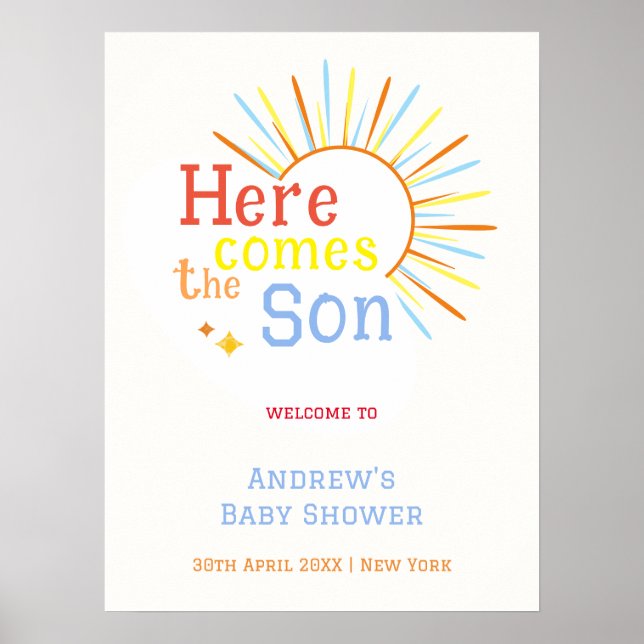 Retro Här kommer sonen Baby Shower Välkommen Poster (Framsidan)