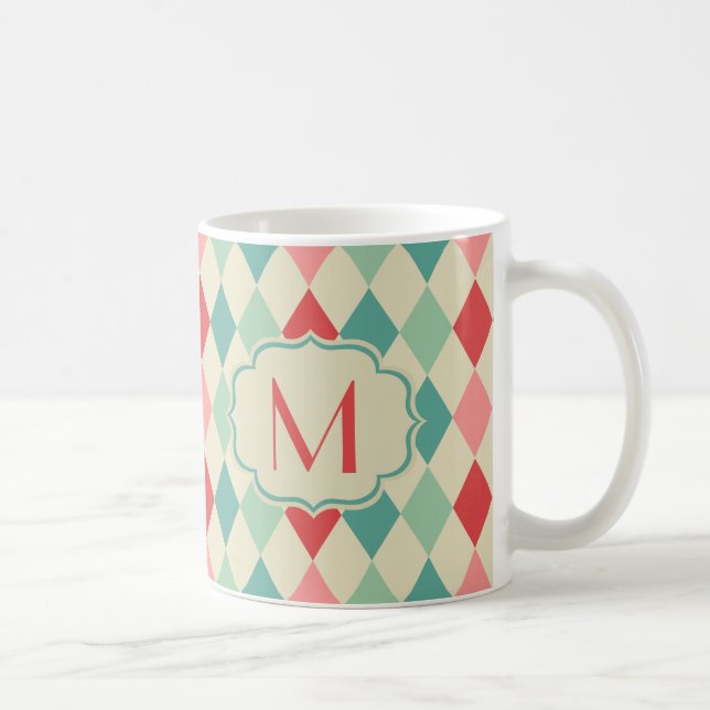 Retro Harlequin Geometric Mönster Monogram Kaffemugg (Höger)